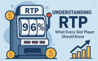 Flat-style infographic showing a slot machine with “96% RTP” displayed on its screen, surrounded by golden coins, a red slot lever, and rising bar charts symbolizing payout potential.