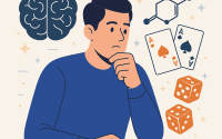 Flat-style illustration showing a man sitting at a casino table with chips and cards, surrounded by icons of a brain, dopamine molecules, dice, and playing cards, representing the psychology behind gambling.
