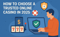 Illustration of a man using a laptop with casino symbols, shield icons, and slot machine graphics representing trusted online casinos in 2025.