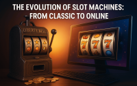 Ilustrasi evolusi mesin slot dari Liberty Bell klasik ke slot digital modern di komputer, menunjukkan transisi teknologi kasino.