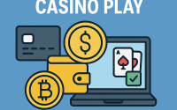 Ilustrasi digital menampilkan kartu kredit, dompet digital, simbol Bitcoin, dan laptop dengan ikon kartu kasino, menggambarkan metode pembayaran aman di kasino online.