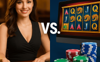 Ilustrasi perbandingan live dealer casinos dengan standard online games, menampilkan dealer langsung di meja blackjack di sisi kiri dan layar komputer slot digital di sisi kanan.