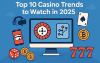 Illustration of 2025 casino trends featuring VR headset, mobile gaming, cryptocurrency, and roulette icons in a digital environment.