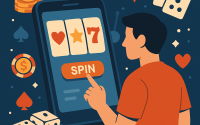 Ilustrasi flat-style menampilkan seseorang memainkan slot di smartphone dengan ikon kasino seperti dadu, chip, kartu, dan simbol permainan di sekelilingnya.