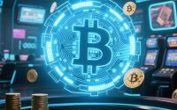 Ilustrasi digital futuristik menampilkan kasino online dengan chip crypto, ikon blockchain ledger, dan smart contract, melambangkan perubahan industri kasino dengan teknologi blockchain.