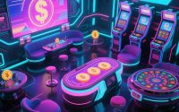 Illustration of a virtual reality casino with players wearing VR headsets, poker tables, and slot machines in a digital environment.