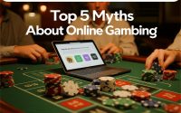 Illustration of common myths about online gambling, with icons of casino games, fairness scales, and truth versus myth b