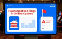 Illustration of an online casino screen with warning signs, red flags, and security alerts.