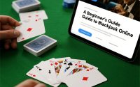 Illustration of online blackjack table with playing cards, chips, and a dealer’s hand.
