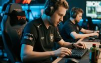 Illustration of esports betting with gamers, digital odds board, and live streaming icons.