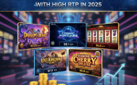 Collage of slot game reels from 2025 with high RTP, featuring themes like luxury, mythology, and cyberpunk.