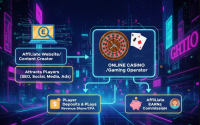 Modern affiliate marketer analyzing casino performance data on laptop with holographic charts and blockchain icons.