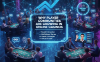 Group of online players chatting and celebrating wins in a virtual casino interface.
