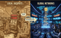 Ilustrasi jackpot global dengan koneksi digital antar kasino di seluruh dunia.