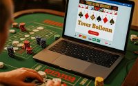 Illustration of a player managing casino chips and budget planning for online gambling.