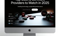 Illustration of top casino software providers with digital slot machines, live dealer, and AI-driven casino technology.