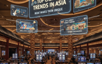 Modern Asian casino with baccarat tables, digital gaming, and cultural design elements.