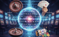 Illustration of casino slot machine with RNG algorithm symbols in the background.