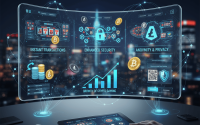 Illustration of a modern online casino with cryptocurrency symbols like Bitcoin and Ethereum.