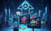 Illustration of cross-platform casino gaming, showing players on desktop, tablet, and smartphone with digital chips and game graphics.