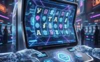 Illustration of futuristic AI-powered slot machines with digital reels and holographic effects.