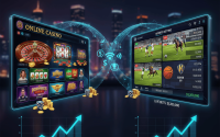 Ilustrasi dua dunia — kasino digital dan arena olahraga — terhubung melalui jaringan data dan AI.