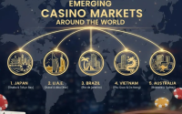 Ilustrasi peta dunia dengan lokasi emerging casino markets di Asia, Afrika, dan Amerika Latin