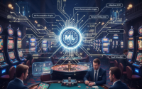 Visual of an AI system analyzing casino player data with holographic game icons and analytics dashboard