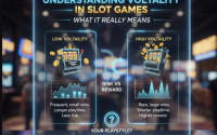 Visual representation of slot game reels showing payout frequency and volatility curve.