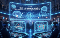 Player wearing a neuro-headset in a futuristic casino environment, surrounded by holographic slot machines reacting to brainwaves.