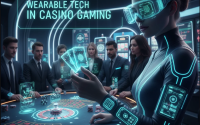 A player using smartwatch and AR glasses in a futuristic casino environment.