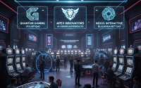 Futuristic developers working in a holographic studio surrounded by AI and blockchain visual interfaces.