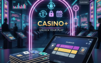 Futuristic digital interface showing subscription tiers and AI analytics in a casino entertainment platform.