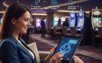 AI chatbot assisting casino players online with holographic chat bubbles and gaming icons.