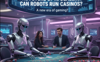 Robot dealer interacting with players at a futuristic digital casino table