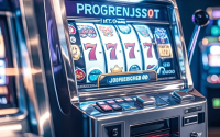 A slot machine screen showing a growing progressive jackpot amount with casino chips and bright lights.